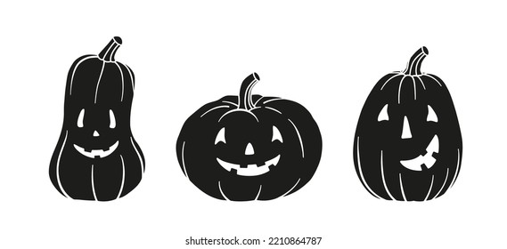 Set of different pumpkins. Main symbol of Halloween. Black pumpkins with various funny faces. Template for your design. Hand drawn trendy Vector illustration. All elements are isolated.