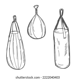 set of different punching bag, boxing, doodle style, sketch illustration, hand drawn, vector
