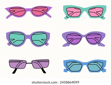 Set of different purple sunglasses. Summer sunglasses, fashionable eyeglass frames. Various shapes and styles. Hand drawn illustration isolated on white. Women's beach accessories in a modern style.