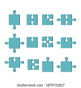 A set of different puzzles in blue. Vector illustration, flat cartoon color minimal design, isolated on white background, eps 10.