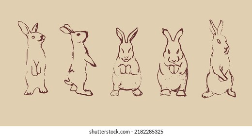 Set of different rabbit poses; vector grunge image of bunnies