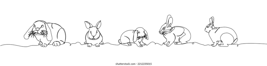 Set of different rabbits, bunny one line art. Continuous line drawing of pet, mammal, breed, zodiac, china, oriental, domestic, easter, bunny, animal, year new, 2023, hare.