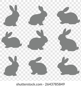  Set of different rabbits silhouettes for design use isolated on transparent background.