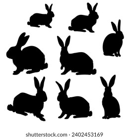 Set different rabbits silhouettes, isolated on background for design use. Bunnies as decorative elements.