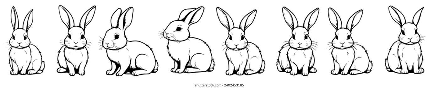 Set different rabbits silhouettes, isolated on background for design use. Bunnies as decorative elements.