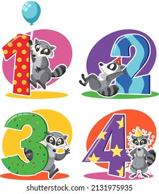 Set of different raccoon holding the numbers isolated on white background illustration