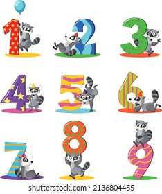 Set of different raccoon holding the numbers isolated on white background illustration