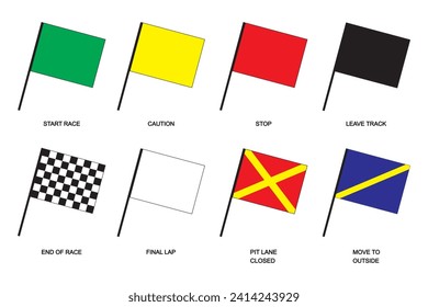 Set of different race flags signs. Start, finish, caution, stop, leave track, pit lane, move to outside banners. Sport car competition symbols isolated on white background. Vector flat illustration