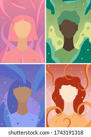 Set of different races, girls flat minimalistic portraits. 2d vector illustrations collection, skin types. Beauty feminist colourful postcards for web design, app, advertisement. EPS10, editable. 