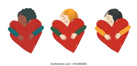 Set of different races kids: girl or boy are hugging a soft heart. Vector childish illustration for Happy Valentines day. Card for greetings card, posters, logo, sublimation printing on t shirt or mug