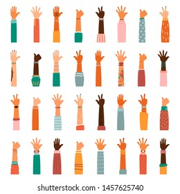 Set of different races raised up hands. The concept of education, business training, volunteering charity, party.