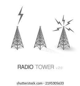 Set of different radio tower with lightning waves and shadows