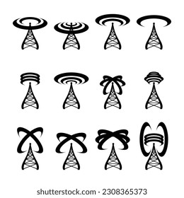 Conjunto de diferentes torres de radio con olas. Diferentes formas de señales wi-fi, 5g y de radio con silueta de torre abstracta aislada en fondo blanco