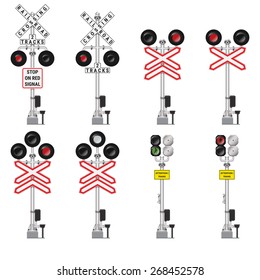 Set of different railway crossing signals with warning signs