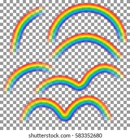 Set of different rainbows isolated on transparent background. Realistic rainbow shapes. Vector illustration.