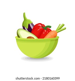 Set of different raw vegetables in green bowl cartoon vector illustration isolated on white background. Healthy products. Avocado, pepper, carrot, eggplant