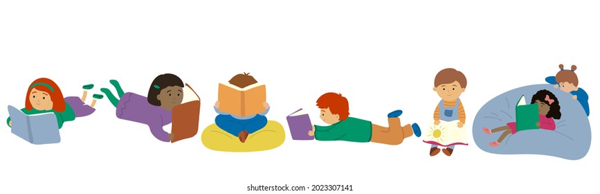 Conjunto de diferentes lecturas o estudios de niños en diferentes poses. Colección de niños y niñas con libros, lectores, jóvenes fanáticos de la literatura aislados de fondo blanco. Plano moderno