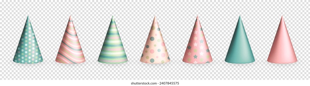 Set of different realistic 3d pastel pink, green and beige Birthday party hats with various patterns isolated on transparent background. Cute party cones, paper caps for festival, carnival
