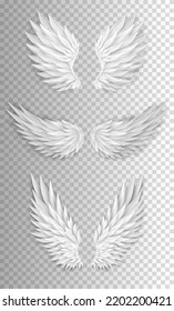 Set Of Different Realistic 3d White Angel Wings. Masquerade, Festival, Carnival Costume. Cartoon Bird Wings Isolated On Transparent Background. Freedom, Spiritual Concept. Vector Illustrator EPS 10