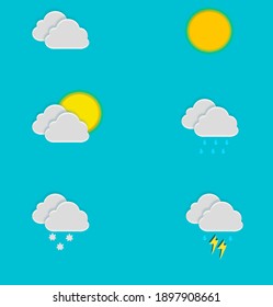 Set of different realistic colored weather vector icons with shadow. Contains symbols of sun, clouds, snowflakes, rain, clouds, moon, etc. On a blue background. Editable stroke.