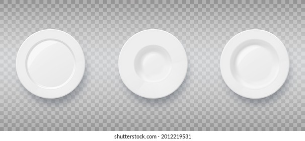 Set Of Different Realistic Food Plates And Dishes. Porcelain Bowl. Plate For Pasta, Saucer, Dish For Restaurant, Empty Kitchen Utensil. Top View. 3d Vector Illustration On Transparent Background.