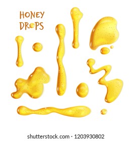 Set of different realistic honey drops with bubbles isolated on white background. Vector illustration
