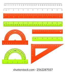 Set of different realistic inch and centimeter rulers - straight, triangular and protractor, vector illustration.