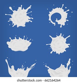 Set of different realistic milk splash and pouring. White spots, drops of various shapes collection. Vector illustration on blue background.