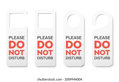 Set of different realistic private door tag. Plastic paper door handle lock hangers. Do Not Disturb. Template design for room in hotel, hostel, resort, home. Vector illustration