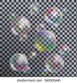 Set of different realistic soap bubbles with rainbow reflection on transparent background, vector