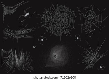 Set of different realistic vector thin Cobweb spider web on black background.