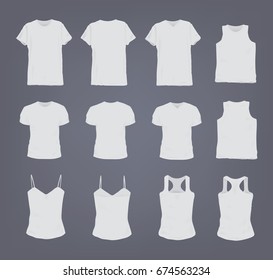 Set of different realistic white female and male t-shirt. Front and back view. Shirt sleeveless, short-sleeve, singlet, tank top. Vector illustration collection in gray background.