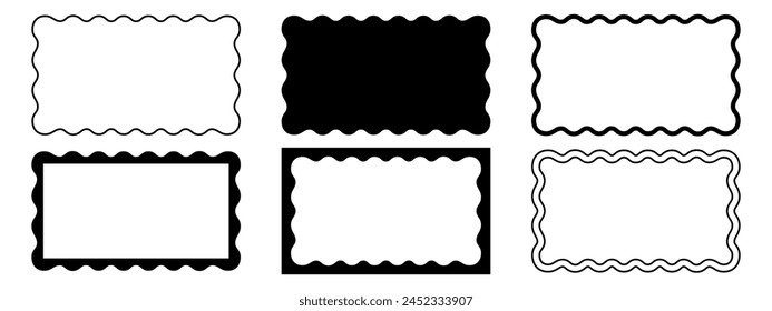 Set of different rectangle frames with wavy edges. Cute rectangular shapes with undulated borders. Empty text boxes, stamps, tags or labels isolated on white background. Vector graphic illustration.