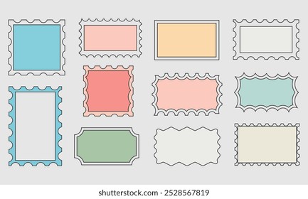 Satz von verschiedenen Rechteckrahmen mit wellenförmigen Kanten. Es gibt süße rechteckige Formen mit wellenförmigen Rändern. Diese leeren Textfelder, Stempel, Tags oder Beschriftungen sind einzeln auf weißem Hintergrund angeordnet