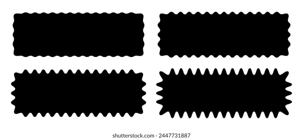 Set of different rectangles with wiggly edges. Rectangular shapes with wavy borders. Empty text or headline boxes. Black stickers, tags or labels templates. Vector graphic illustration.