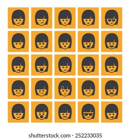 Set of different rectangular woman emoticons vector. Emoji icons representing lots of reactions, personalities and emotions