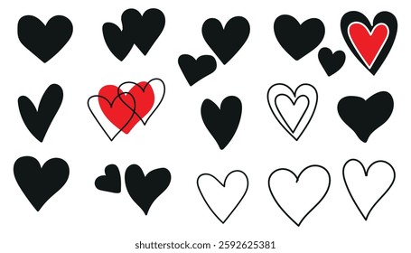 Set of different red and black hearts icon shapes isolated on white. Vector illustration. 