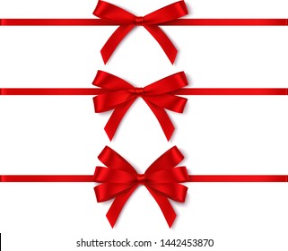 Set of different red bows with horizontal ribbon for holiday design isolated on white. Vector illustration