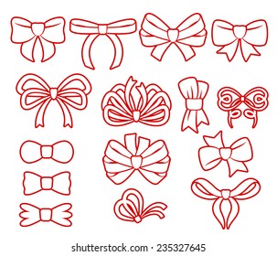 Set of different red bows icons. Holiday decoration.