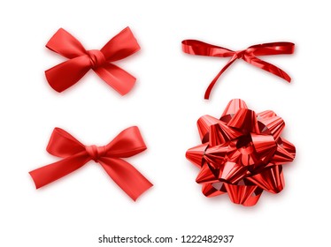 Set of different red bows made of fabric and foil. Realistic 3d decorative elements for design. Collection Festive bows from ribbon are suitable for gift, surprises. vector illustration