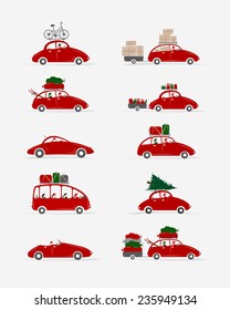 Set of different red cars with luggage for your design, vector illustration