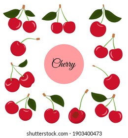 Set of different red cherries. Cherry cut, cherry with leaf. White background. Vector illustration.