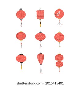 Set of different red chinese lanterns isolated on white background. Traditional hanging decoration. Cartoon flat style. Vector illustration.