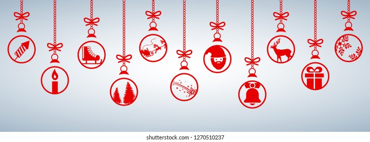 Set different red Christmas balls. Christmas symbol icons hanging, Merry Christmas, Happy New Year