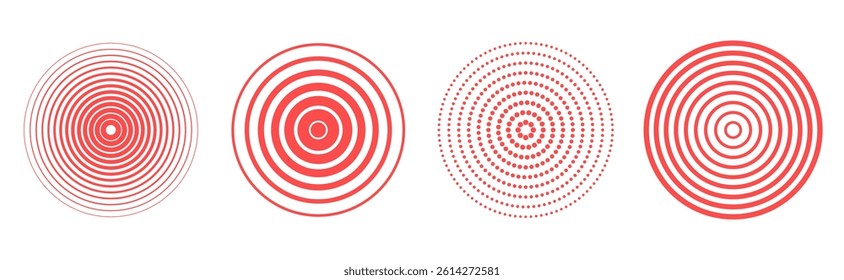 Set of different red concentric circles icon isolated on transparent background. Vector geometry design element for concept of target, radiate, pain, earthquake, sound wave. Editable stroke.
