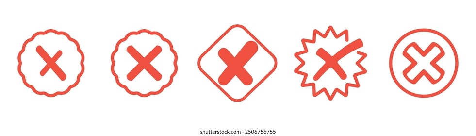 Set of different red cross. Wrong. Trendy icons. Symbol sign. Hand drawn. Doodle. Vector. Textbox and checkbox. Frame vote. Button. No. Mark . Flat line style. False and reject.