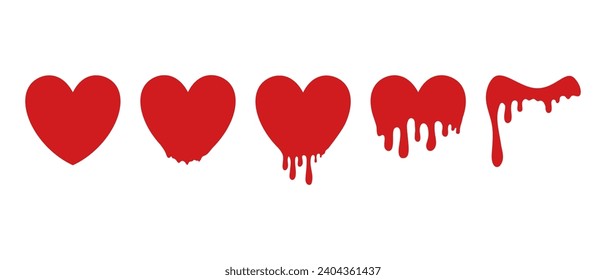 Reihe von verschiedenen roten tropfenden Herzen. Design für Valentinstag. Abstrakte Vektorgrafik romantisches Symbol.