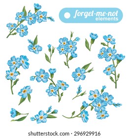 Set of different red  flowers for design. Forget me not, leaves. Set of floral elements to create compositions. 