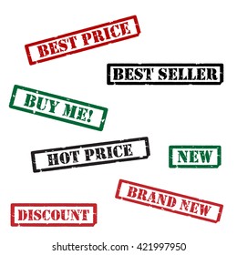 Set of different red, green and black grunge rubber stamps. Hot price, brand new, discount, new, buy me, best price and best seller. Stamp collection