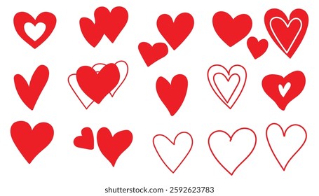 Set of different red hearts icon shapes isolated on white. Vector illustration. 